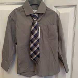 NWT Boys Gray Dress Shirt with Navy Plaid Tie and matching bow tie